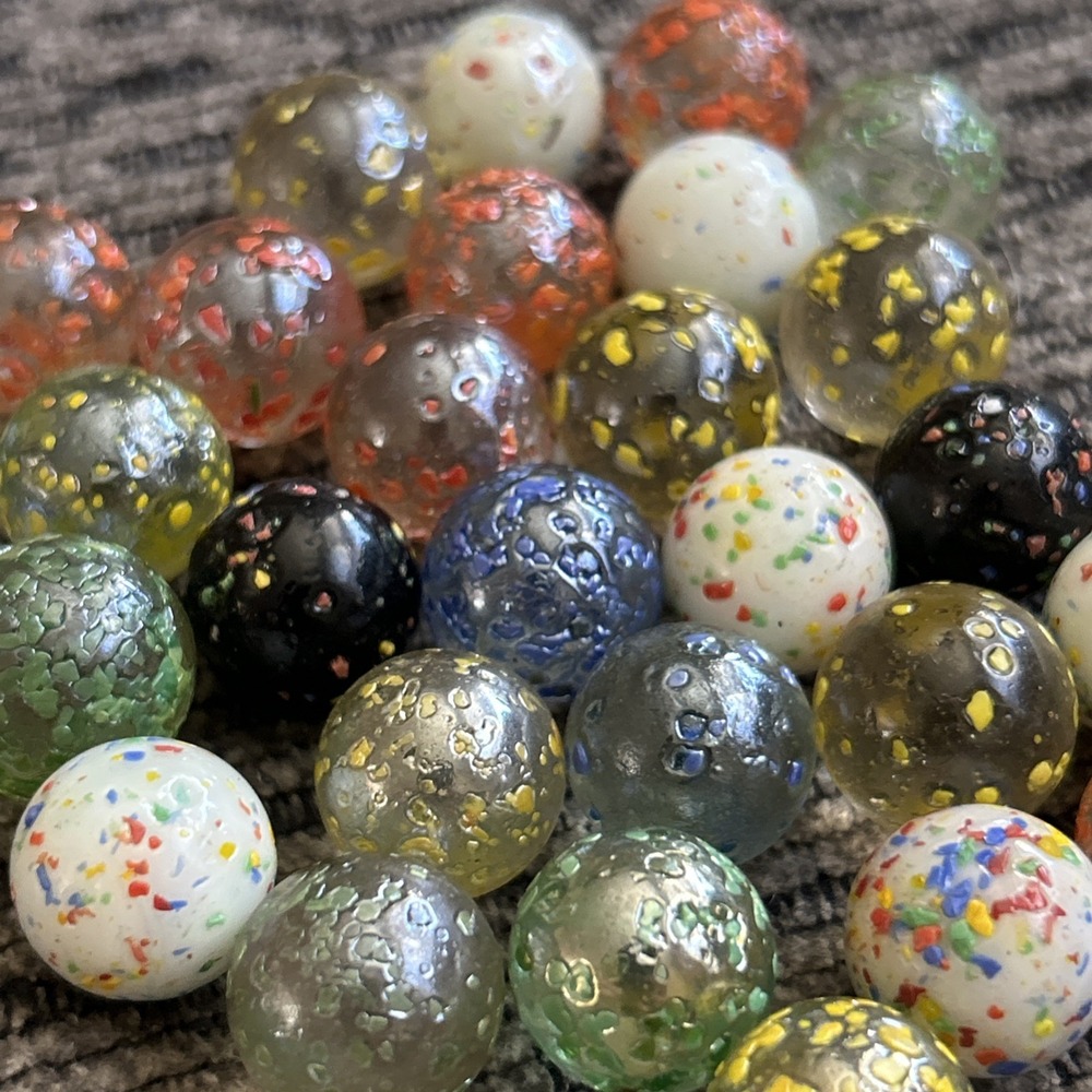Vintage Confetti Speckled Glass Marbles LOT OF 29 Black Green Orange Yellow Blue
